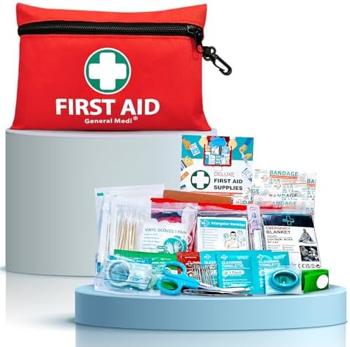 Portable kits with bandages, antiseptic wipes, scissors, pain relief tablets, and more.